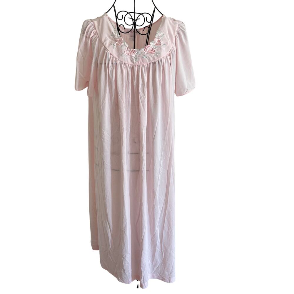 Vintage 80's Shadowline Pastel Pink Embroidered Flutter Sleeve Nightgown L